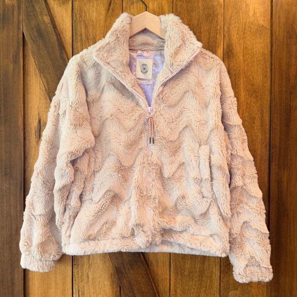 Urban Outfitters Faux Fur Chevron Wave Zip Jacket‎ Blush Pink Small Y2K Coquette